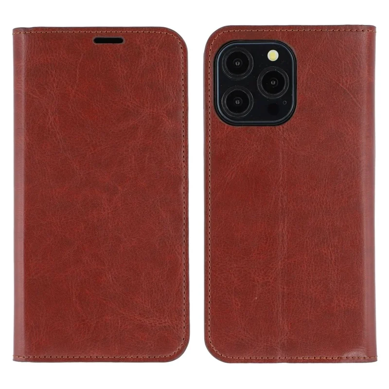 For iPhone 13 Pro Stand Cases Genuine Split Leather Wallet Phone Cover Magnetic Closure - Brown