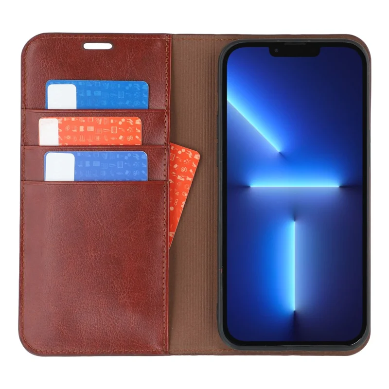 For iPhone 13 Pro Stand Cases Genuine Split Leather Wallet Phone Cover Magnetic Closure - Brown