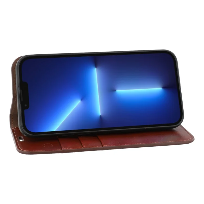 For iPhone 13 Pro Stand Cases Genuine Split Leather Wallet Phone Cover Magnetic Closure - Brown