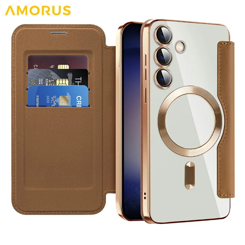 Capa AMORUS para Samsung Galaxy S24+ Compatível com MagSafe, Porta-cartões de Bloqueio RFID, Capa de Couro para Telefone - Marrom