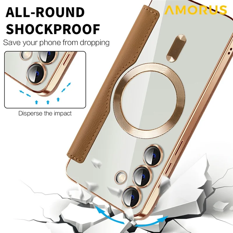 Capa AMORUS para Samsung Galaxy S24+ Compatível com MagSafe, Porta-cartões de Bloqueio RFID, Capa de Couro para Telefone - Marrom