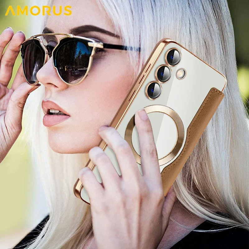 Capa AMORUS para Samsung Galaxy S24+ Compatível com MagSafe, Porta-cartões de Bloqueio RFID, Capa de Couro para Telefone - Marrom