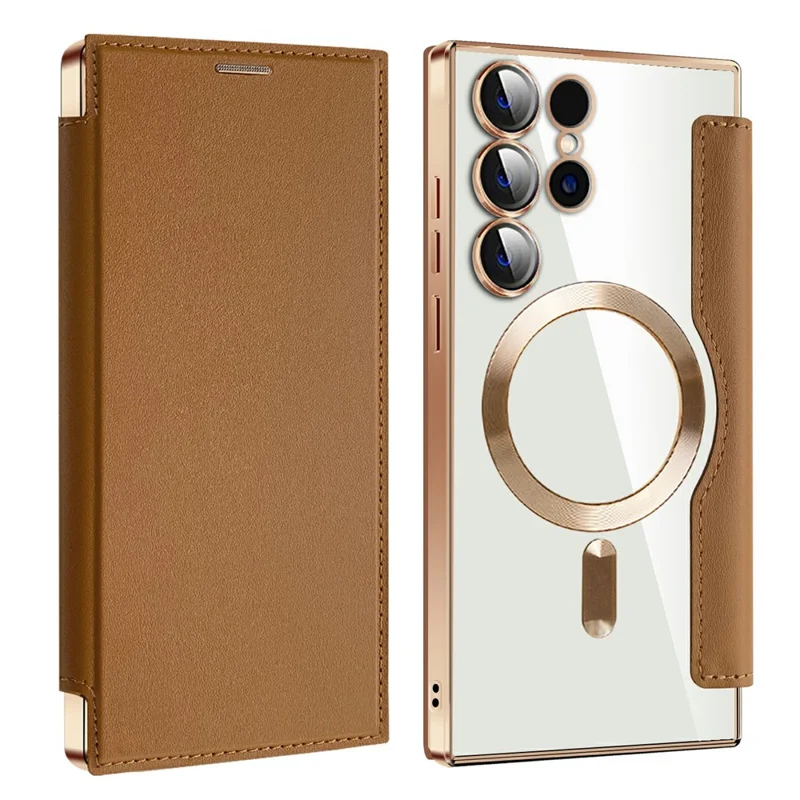AMORUS For Samsung Galaxy S24 Ultra Case Compatible with MagSafe RFID Blocking Card Holder Leather Phone Cover - Brown