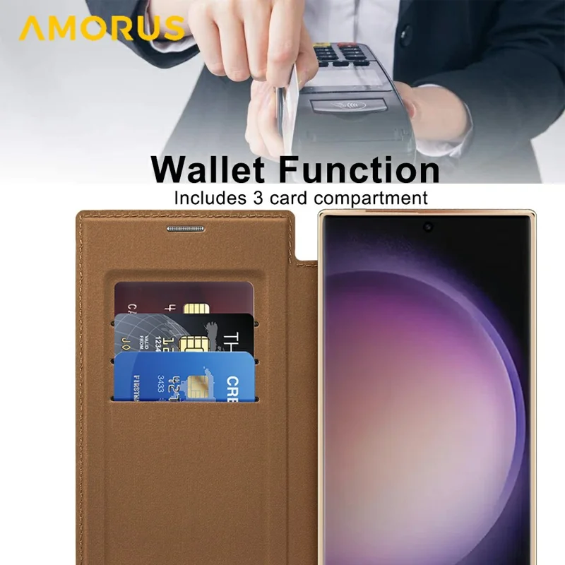 AMORUS For Samsung Galaxy S24 Ultra Case Compatible with MagSafe RFID Blocking Card Holder Leather Phone Cover - Brown