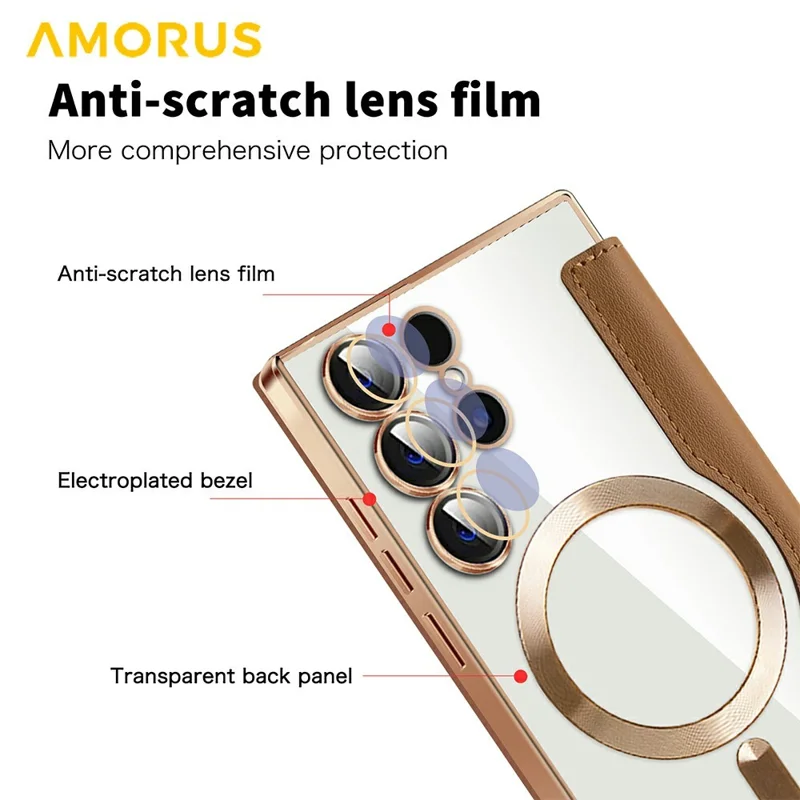 AMORUS For Samsung Galaxy S24 Ultra Case Compatible with MagSafe RFID Blocking Card Holder Leather Phone Cover - Brown
