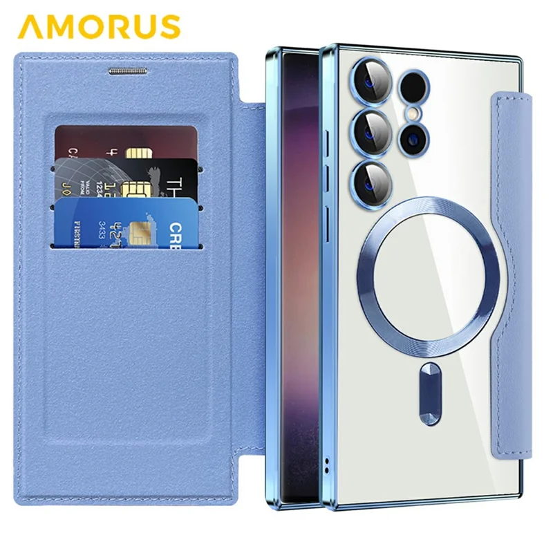 AMORUS For Samsung Galaxy S24 Ultra Magnetic Case RFID Blocking Card Holder Leather Phone Cover - Blue