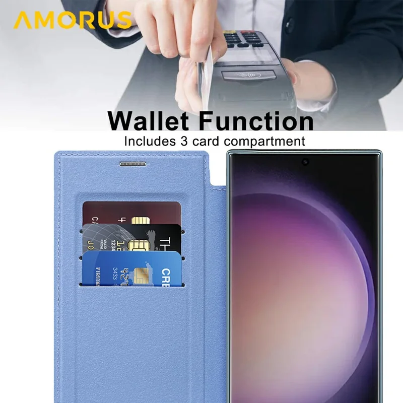 AMORUS For Samsung Galaxy S24 Ultra Magnetic Case RFID Blocking Card Holder Leather Phone Cover - Blue