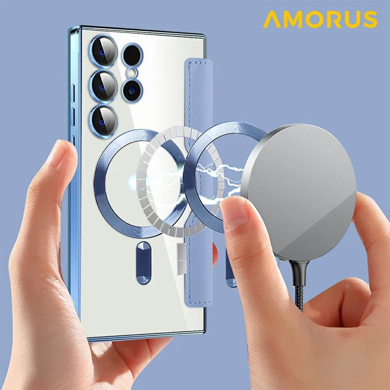 AMORUS For Samsung Galaxy S24 Ultra Magnetic Case RFID Blocking Card Holder Leather Phone Cover - Blue