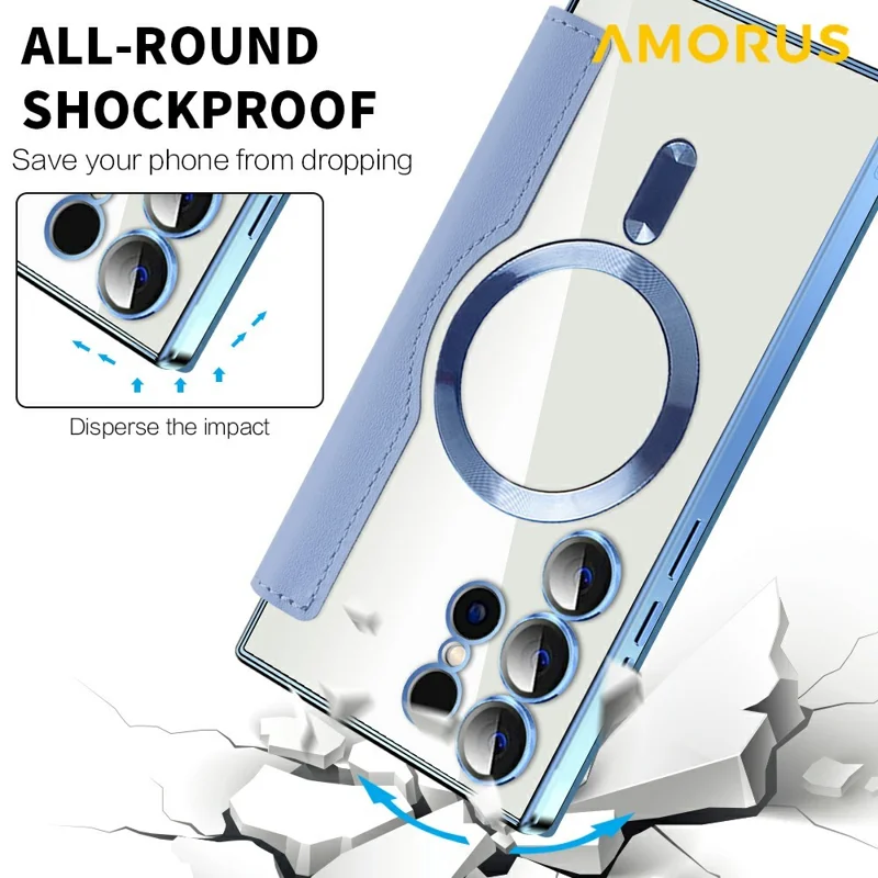 AMORUS For Samsung Galaxy S24 Ultra Magnetic Case RFID Blocking Card Holder Leather Phone Cover - Blue