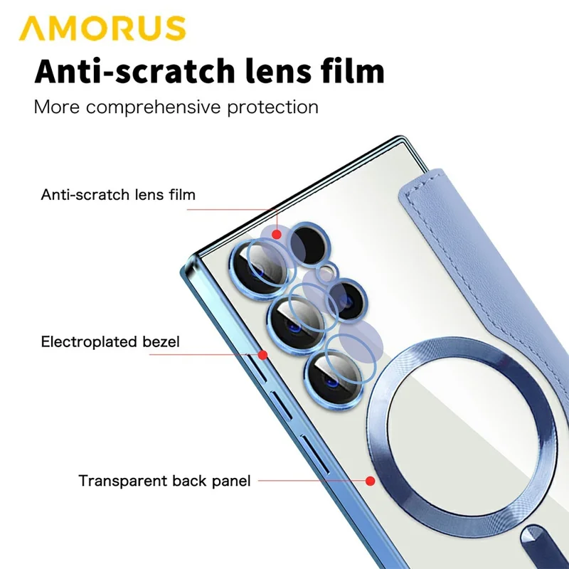 AMORUS For Samsung Galaxy S24 Ultra Magnetic Case RFID Blocking Card Holder Leather Phone Cover - Blue