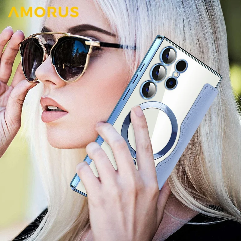 AMORUS For Samsung Galaxy S24 Ultra Magnetic Case RFID Blocking Card Holder Leather Phone Cover - Blue