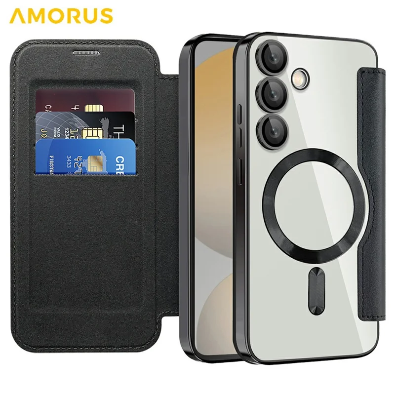 AMORUS Pour Étui Samsung Galaxy S24 FE Compatible avec MagSafe Porte-Carte RFID Bloquant Étui de Téléphone en Cuir - Noir