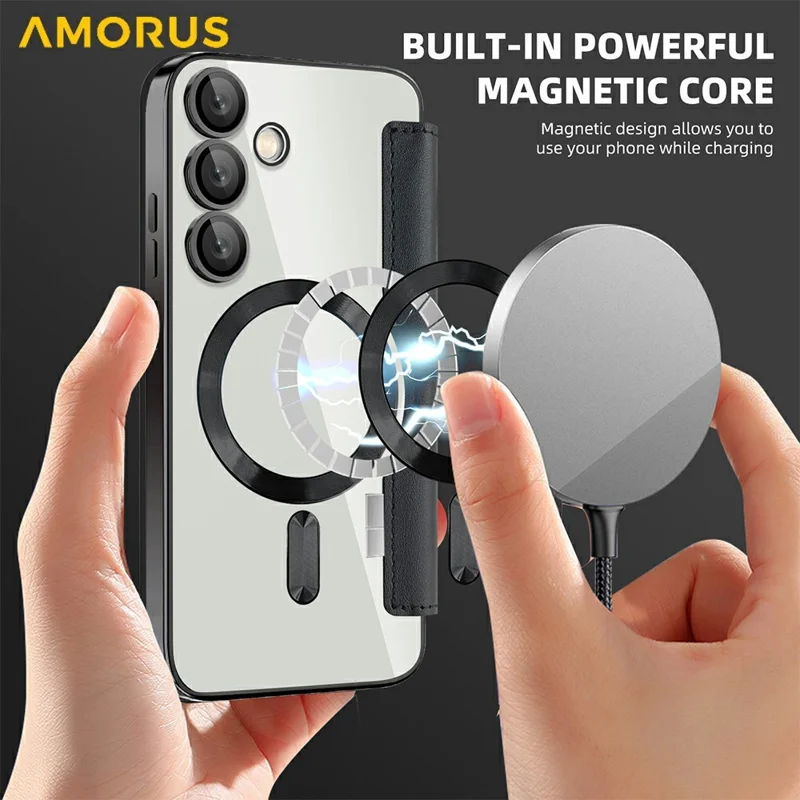 AMORUS Pour Étui Samsung Galaxy S24 FE Compatible avec MagSafe Porte-Carte RFID Bloquant Étui de Téléphone en Cuir - Noir
