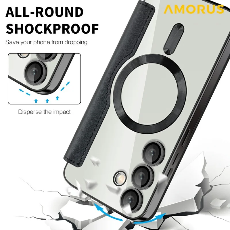 AMORUS Pour Étui Samsung Galaxy S24 FE Compatible avec MagSafe Porte-Carte RFID Bloquant Étui de Téléphone en Cuir - Noir