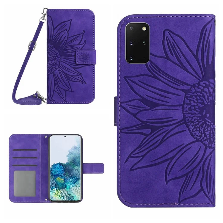 Cubierta de Teléfono de Girasol Impresa Para Samsung Galaxy S20 Plus 4G / 5G, HT04 Pulo PU PU PU Pula Caso de la Billetera Del Teléfono Con Correa Para Hombro - Morado Oscuro