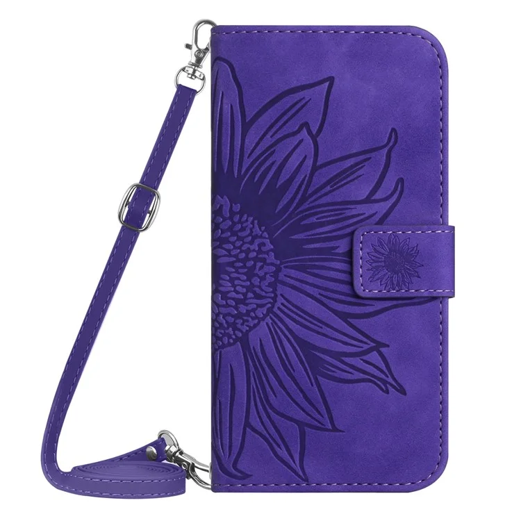 Cubierta de Teléfono de Girasol Impresa Para Samsung Galaxy S20 Plus 4G / 5G, HT04 Pulo PU PU PU Pula Caso de la Billetera Del Teléfono Con Correa Para Hombro - Morado Oscuro