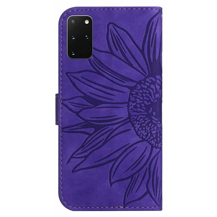 Cubierta de Teléfono de Girasol Impresa Para Samsung Galaxy S20 Plus 4G / 5G, HT04 Pulo PU PU PU Pula Caso de la Billetera Del Teléfono Con Correa Para Hombro - Morado Oscuro