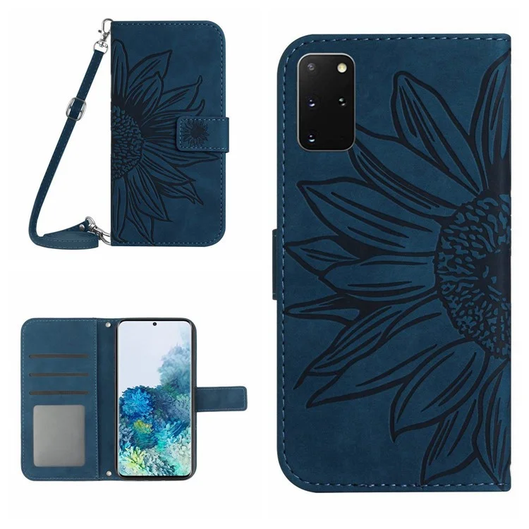 Imprinted Sunflower Phone Cover For Samsung Galaxy S20 Plus 4G / 5G, HT04 Skin-touch PU Leather Stand Wallet Case Phone Shell with Shoulder Strap - Dark Blue