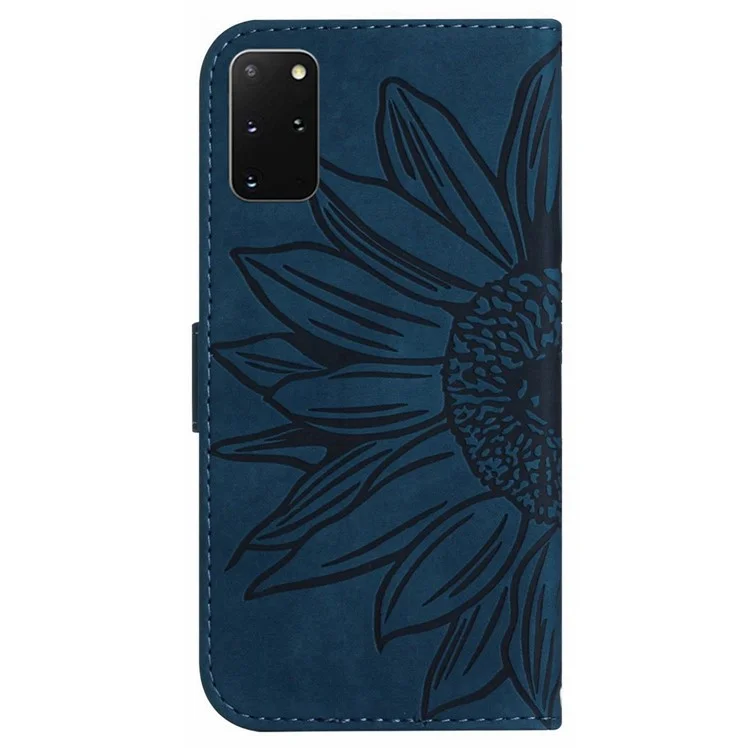 Imprinted Sunflower Phone Cover For Samsung Galaxy S20 Plus 4G / 5G, HT04 Skin-touch PU Leather Stand Wallet Case Phone Shell with Shoulder Strap - Dark Blue