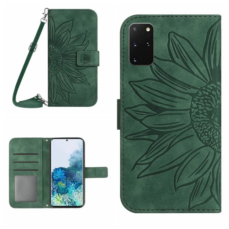 Copertina Telefonica di Girasole Impressa Per Samsung Galaxy S20 Plus 4G / 5G, HT04 Skin-touch PU Pellet Cashetto Cusso Che Pelle Pelle Con Spalla - Verde Scuro