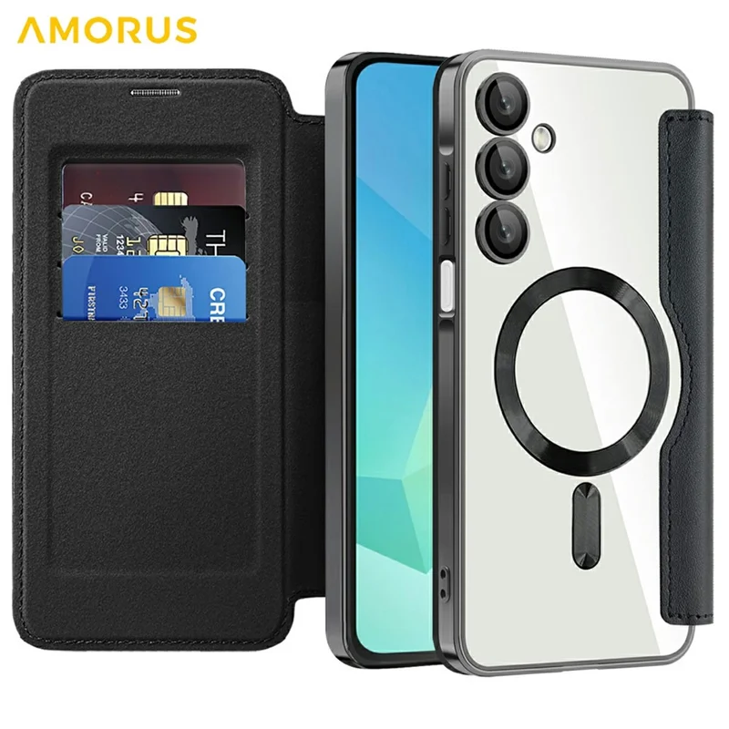 AMORUS For Samsung Galaxy A16 4G / 5G Magnetic Case RFID Blocking Card Holder Leather Phone Cover - Black