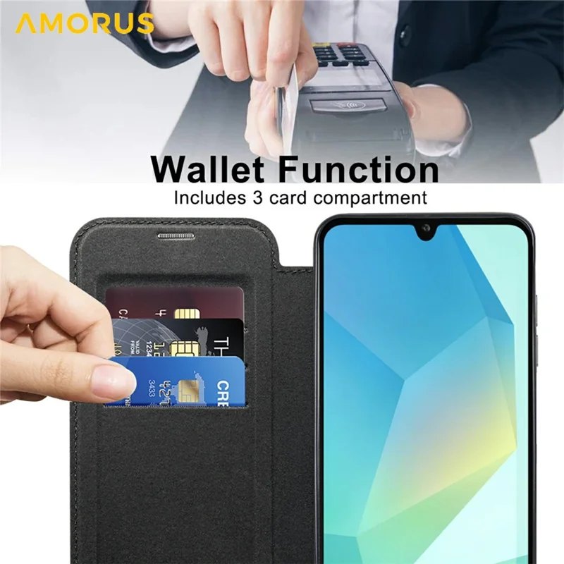 AMORUS For Samsung Galaxy A16 4G / 5G Magnetic Case RFID Blocking Card Holder Leather Phone Cover - Black