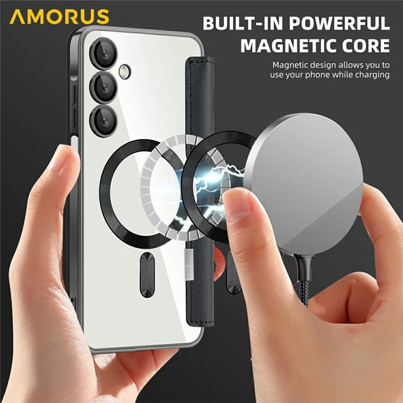 AMORUS For Samsung Galaxy A16 4G / 5G Magnetic Case RFID Blocking Card Holder Leather Phone Cover - Black