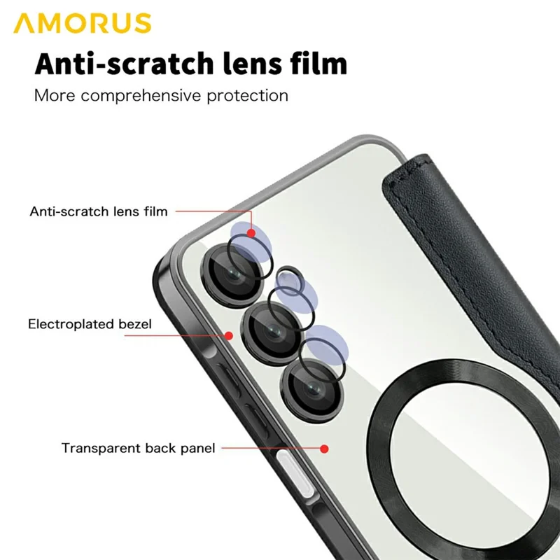 AMORUS For Samsung Galaxy A16 4G / 5G Magnetic Case RFID Blocking Card Holder Leather Phone Cover - Black