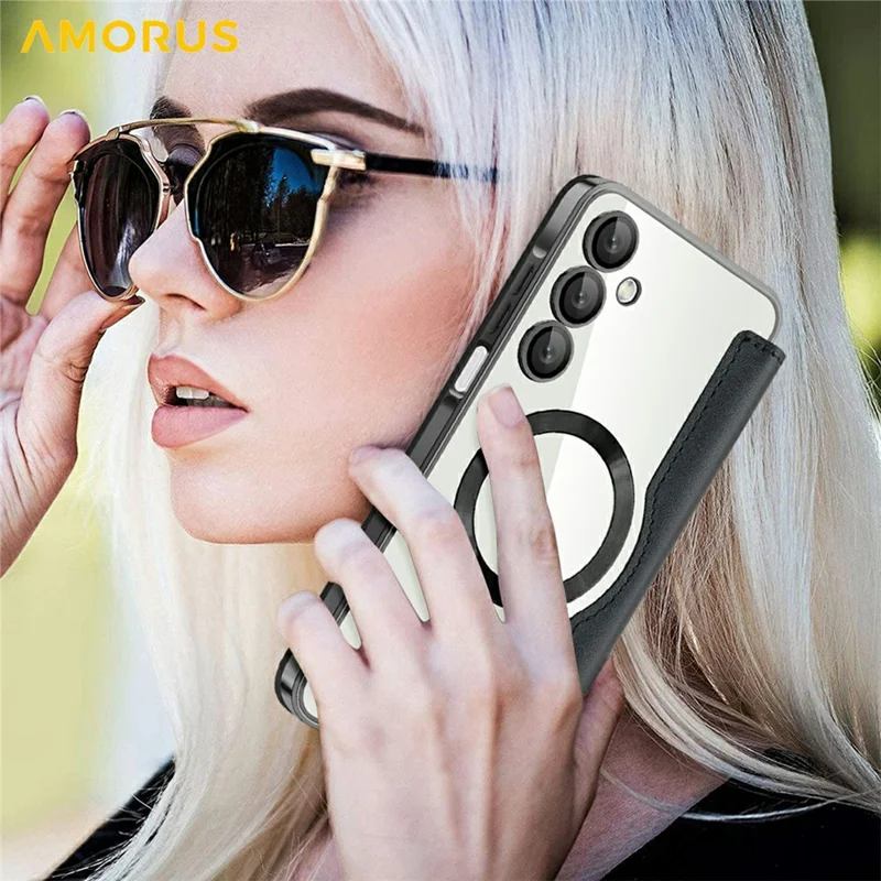 AMORUS For Samsung Galaxy A16 4G / 5G Magnetic Case RFID Blocking Card Holder Leather Phone Cover - Black