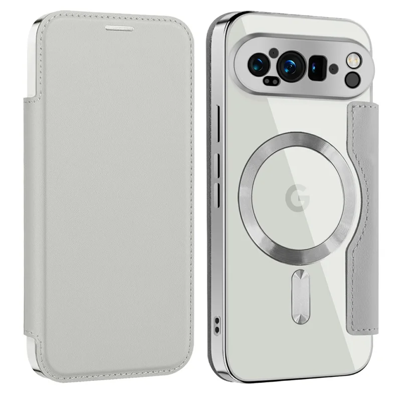 AMORUS For Google Pixel 9 Pro Case Compatible with MagSafe RFID Blocking Card Holder Leather Phone Cover - Titanium Grey