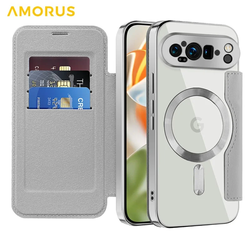 AMORUS For Google Pixel 9 Pro Case Compatible with MagSafe RFID Blocking Card Holder Leather Phone Cover - Titanium Grey