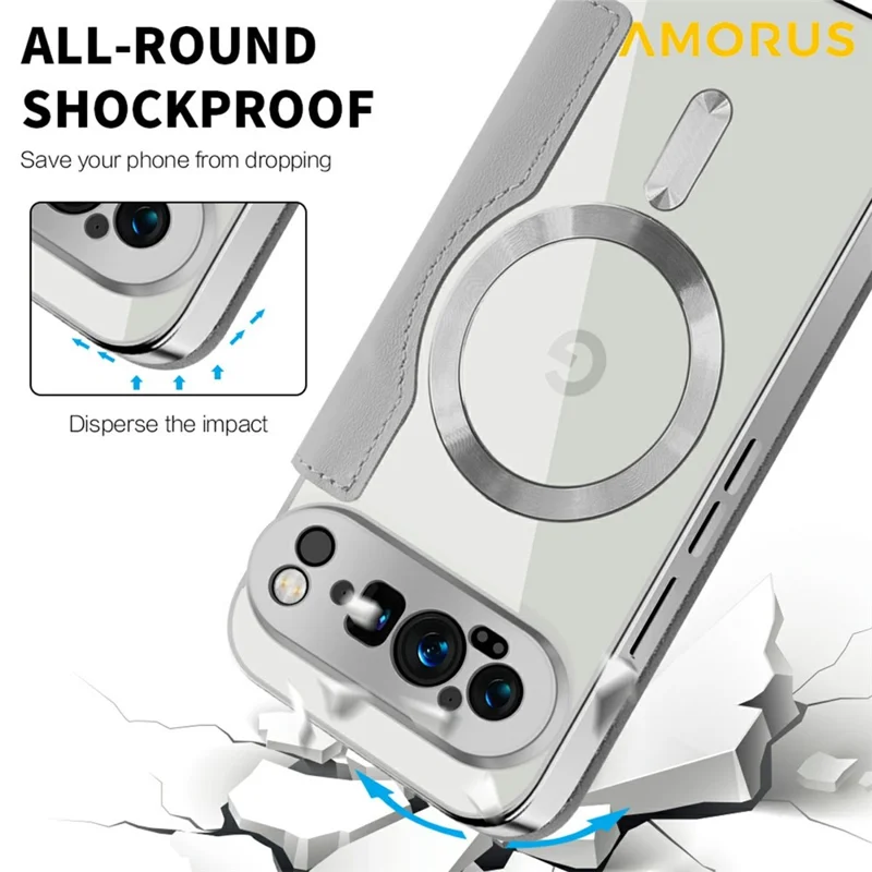 AMORUS For Google Pixel 9 Pro Case Compatible with MagSafe RFID Blocking Card Holder Leather Phone Cover - Titanium Grey