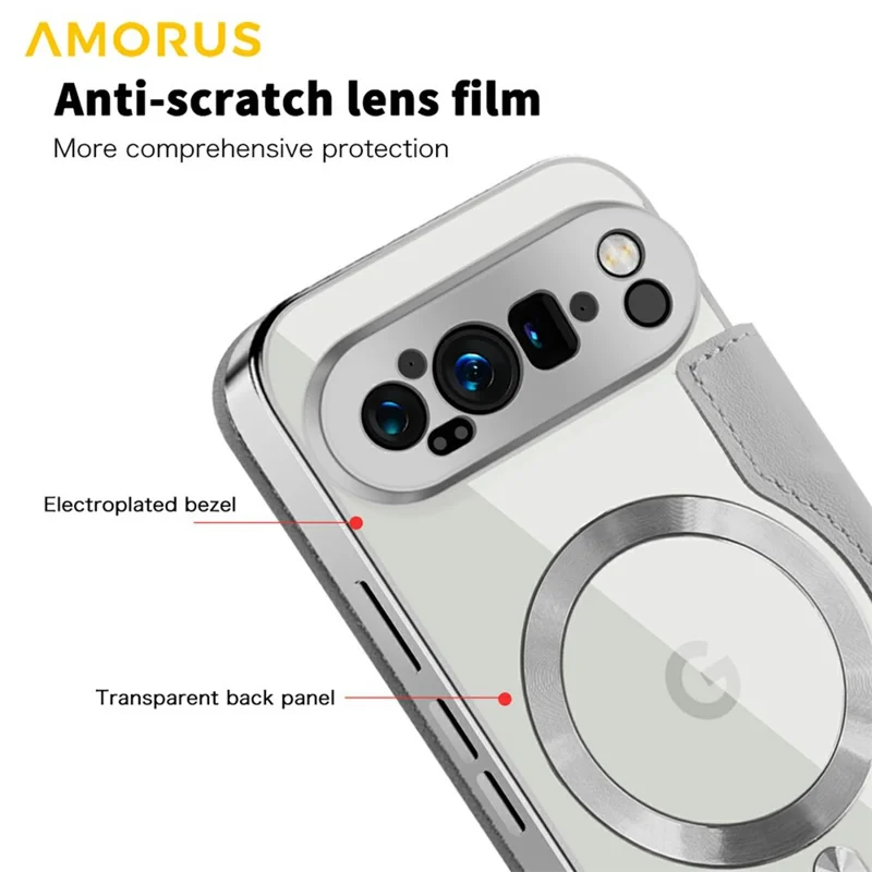 AMORUS For Google Pixel 9 Pro Case Compatible with MagSafe RFID Blocking Card Holder Leather Phone Cover - Titanium Grey