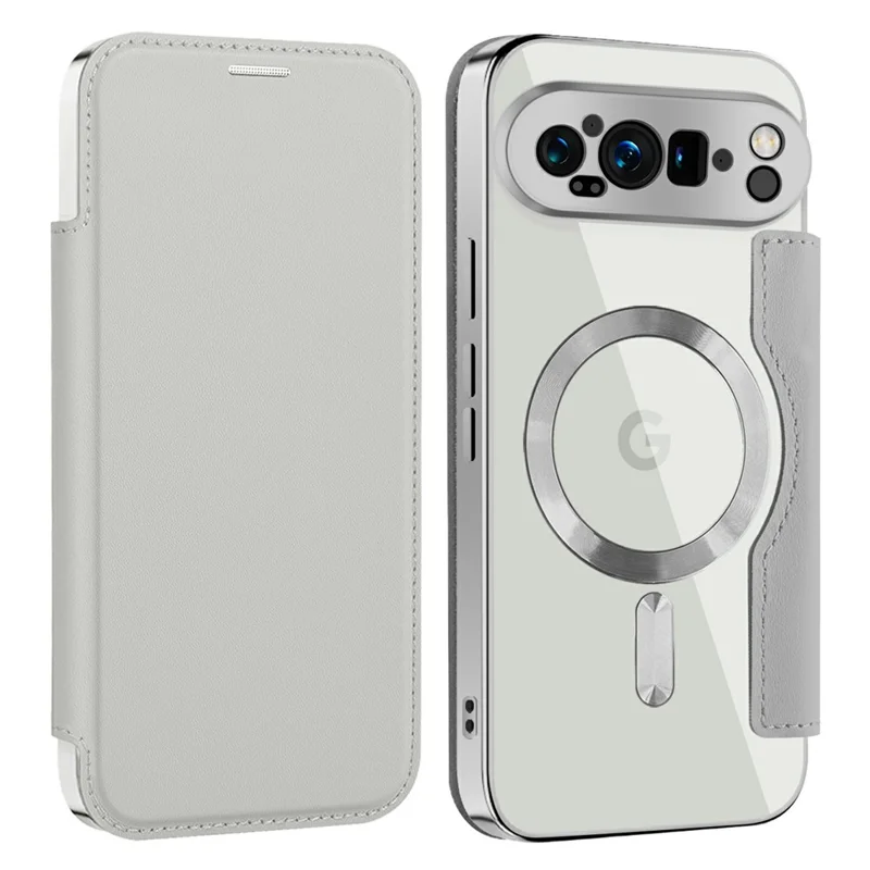 AMORUS For Google Pixel 9 Pro XL Case Compatible with MagSafe RFID Blocking Card Holder Leather Phone Cover - Titanium Grey