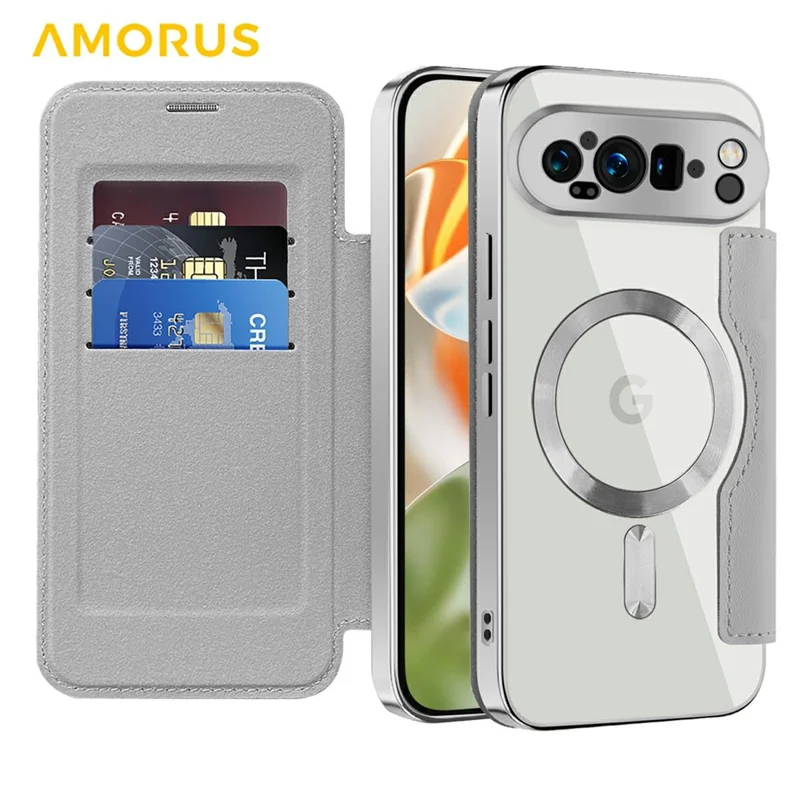 AMORUS For Google Pixel 9 Pro XL Case Compatible with MagSafe RFID Blocking Card Holder Leather Phone Cover - Titanium Grey