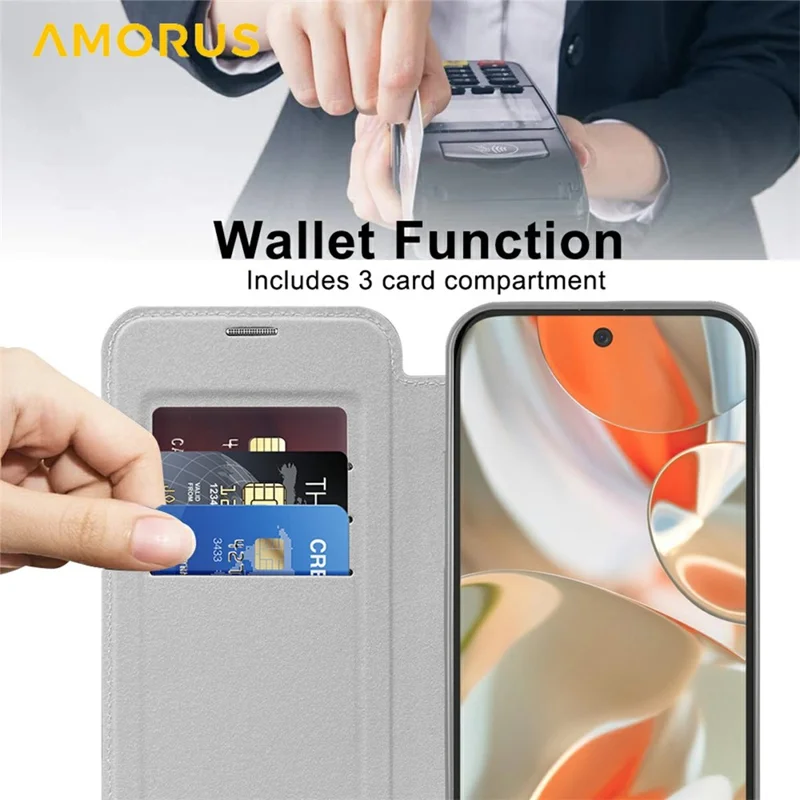 AMORUS For Google Pixel 9 Pro XL Case Compatible with MagSafe RFID Blocking Card Holder Leather Phone Cover - Titanium Grey