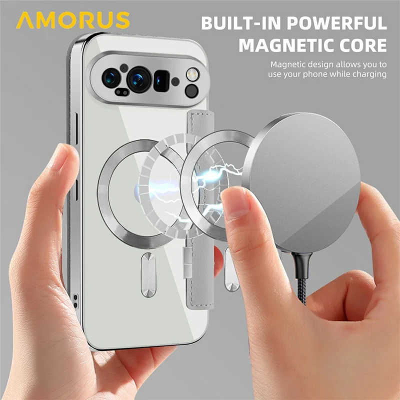 AMORUS For Google Pixel 9 Pro XL Case Compatible with MagSafe RFID Blocking Card Holder Leather Phone Cover - Titanium Grey
