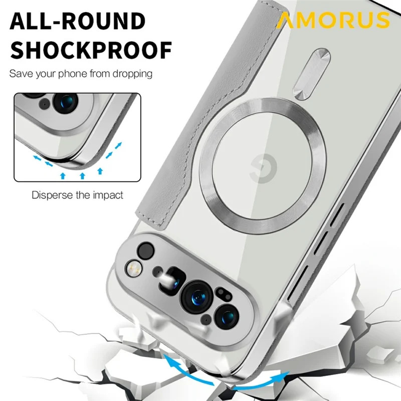 AMORUS For Google Pixel 9 Pro XL Case Compatible with MagSafe RFID Blocking Card Holder Leather Phone Cover - Titanium Grey