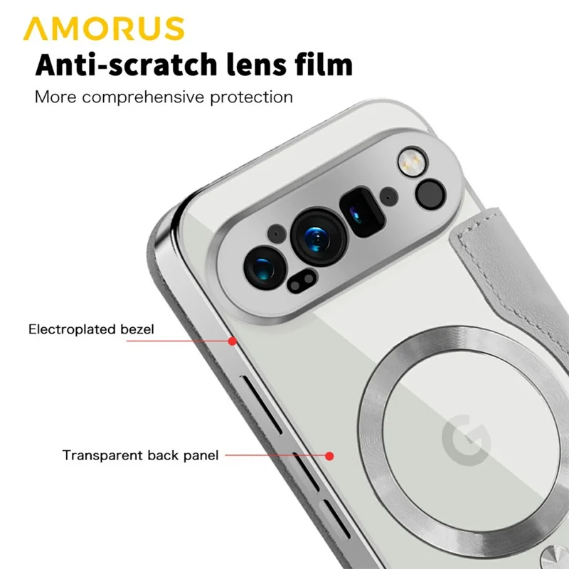 AMORUS For Google Pixel 9 Pro XL Case Compatible with MagSafe RFID Blocking Card Holder Leather Phone Cover - Titanium Grey