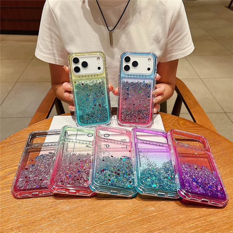 For iPhone 17 Pro Max Case Gradient Quicksand Liquid Flowing Sparkle TPU + PC Back Cover - Black  /  Pink