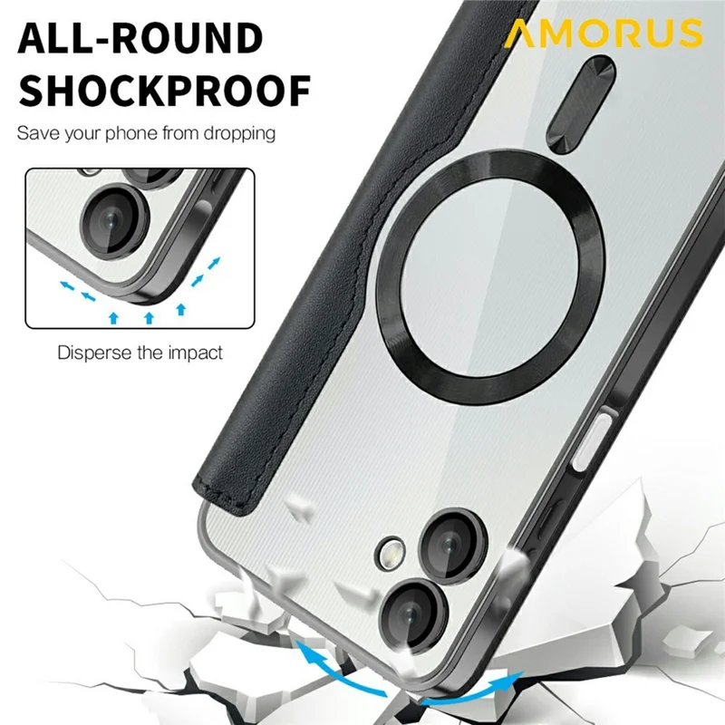 AMORUS Для чехла Samsung Galaxy A06 4G, совместимый с MagSafe, с блокировкой RFID, держателем для карт, кожаный чехол для телефона - черный