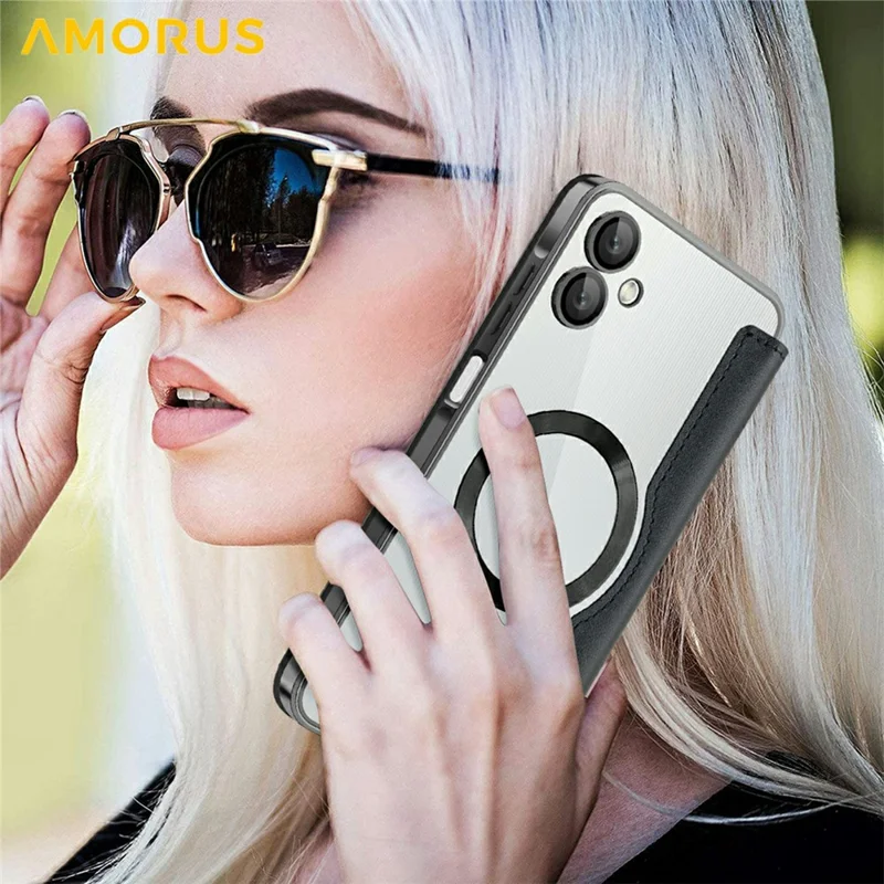 AMORUS Для чехла Samsung Galaxy A06 4G, совместимый с MagSafe, с блокировкой RFID, держателем для карт, кожаный чехол для телефона - черный