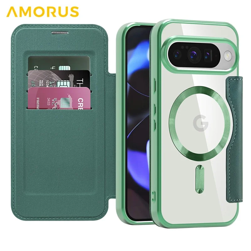 AMORUS For Google Pixel 10 / Pixel 10 Pro Magnetic Case RFID Blocking Card Holder Leather Phone Cover - Desert Gold - Blackish Green