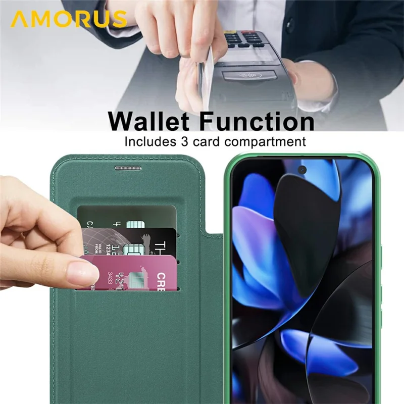AMORUS For Google Pixel 10 / Pixel 10 Pro Magnetic Case RFID Blocking Card Holder Leather Phone Cover - Desert Gold - Blackish Green