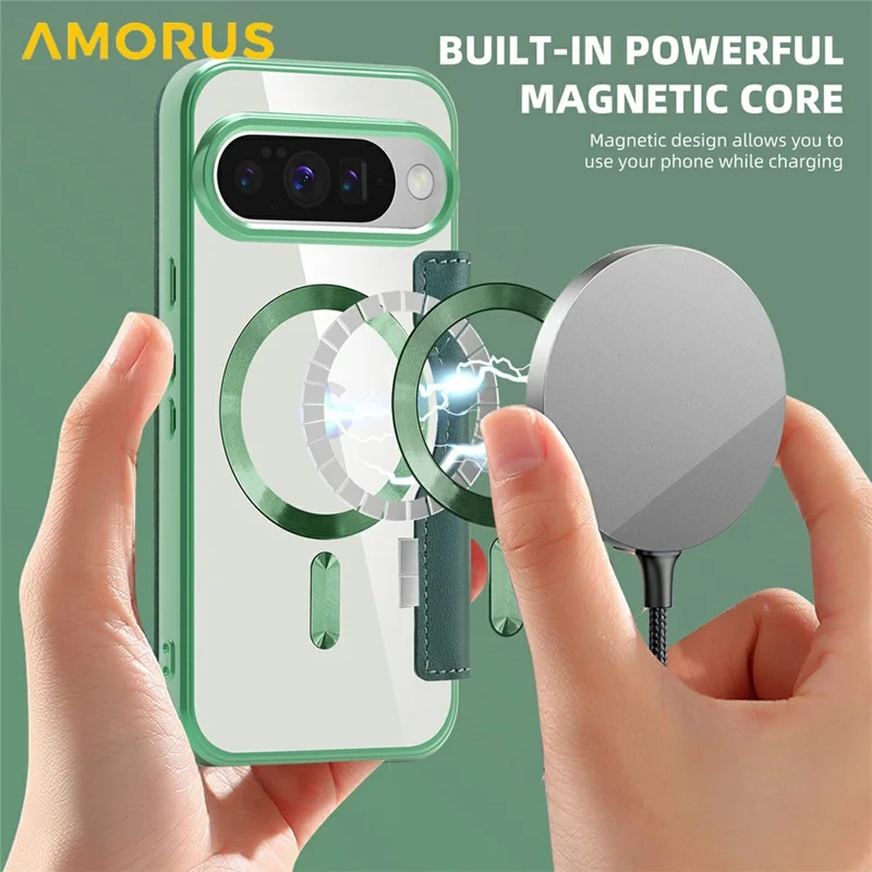 AMORUS For Google Pixel 10 / Pixel 10 Pro Magnetic Case RFID Blocking Card Holder Leather Phone Cover - Desert Gold - Blackish Green