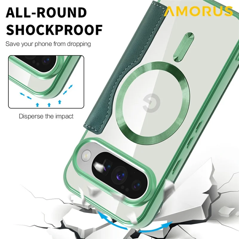 AMORUS For Google Pixel 10 / Pixel 10 Pro Magnetic Case RFID Blocking Card Holder Leather Phone Cover - Desert Gold - Blackish Green