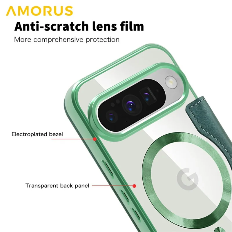 AMORUS For Google Pixel 10 / Pixel 10 Pro Magnetic Case RFID Blocking Card Holder Leather Phone Cover - Desert Gold - Blackish Green