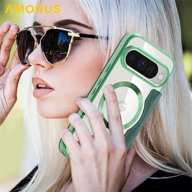 AMORUS For Google Pixel 10 / Pixel 10 Pro Magnetic Case RFID Blocking Card Holder Leather Phone Cover - Desert Gold - Blackish Green