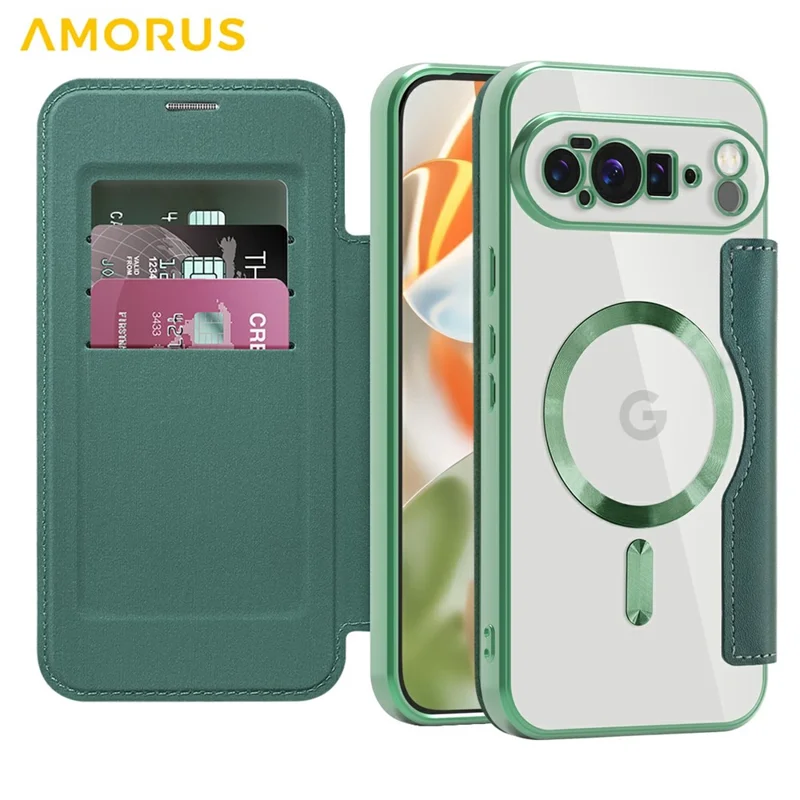 AMORUS For Google Pixel 10 Pro XL Case Compatible with MagSafe RFID Blocking Card Holder Leather Phone Cover - Blackish Green