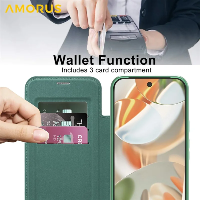 AMORUS For Google Pixel 10 Pro XL Case Compatible with MagSafe RFID Blocking Card Holder Leather Phone Cover - Blackish Green